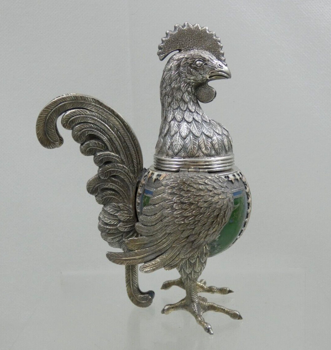 ANTIQUE SILVER ENAMEL SPICE CONTAINER BESAMIM HAVDALAH JUDAICA Figural Rooster