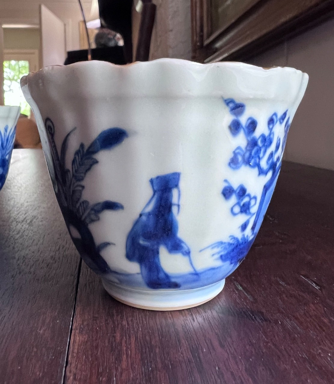 Pair 18th C. Chinese Export Blue & White Porcelain Fluted Tea Bowls Scholars