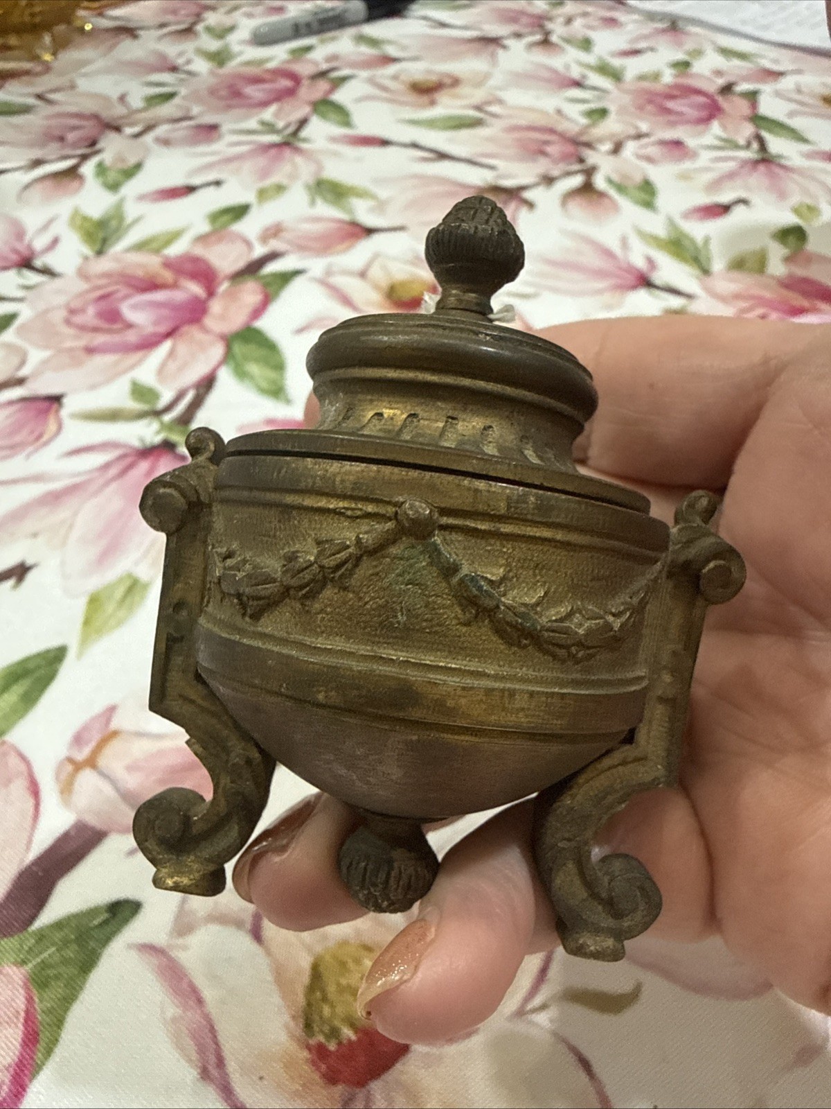 Antique Hand Crafted Brass Inkwell Trinket Dish Incense Burner 3.5” Tall 3” Wide