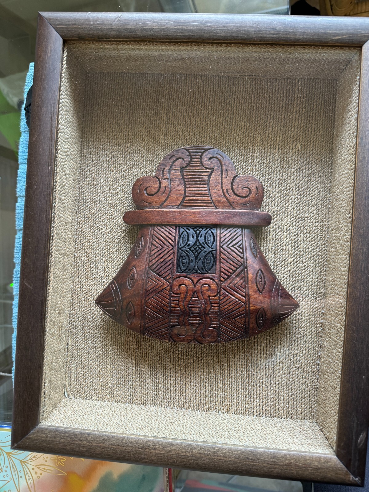 VTG tribal ethnic wood carved hand Tool framed case African / Alaskan