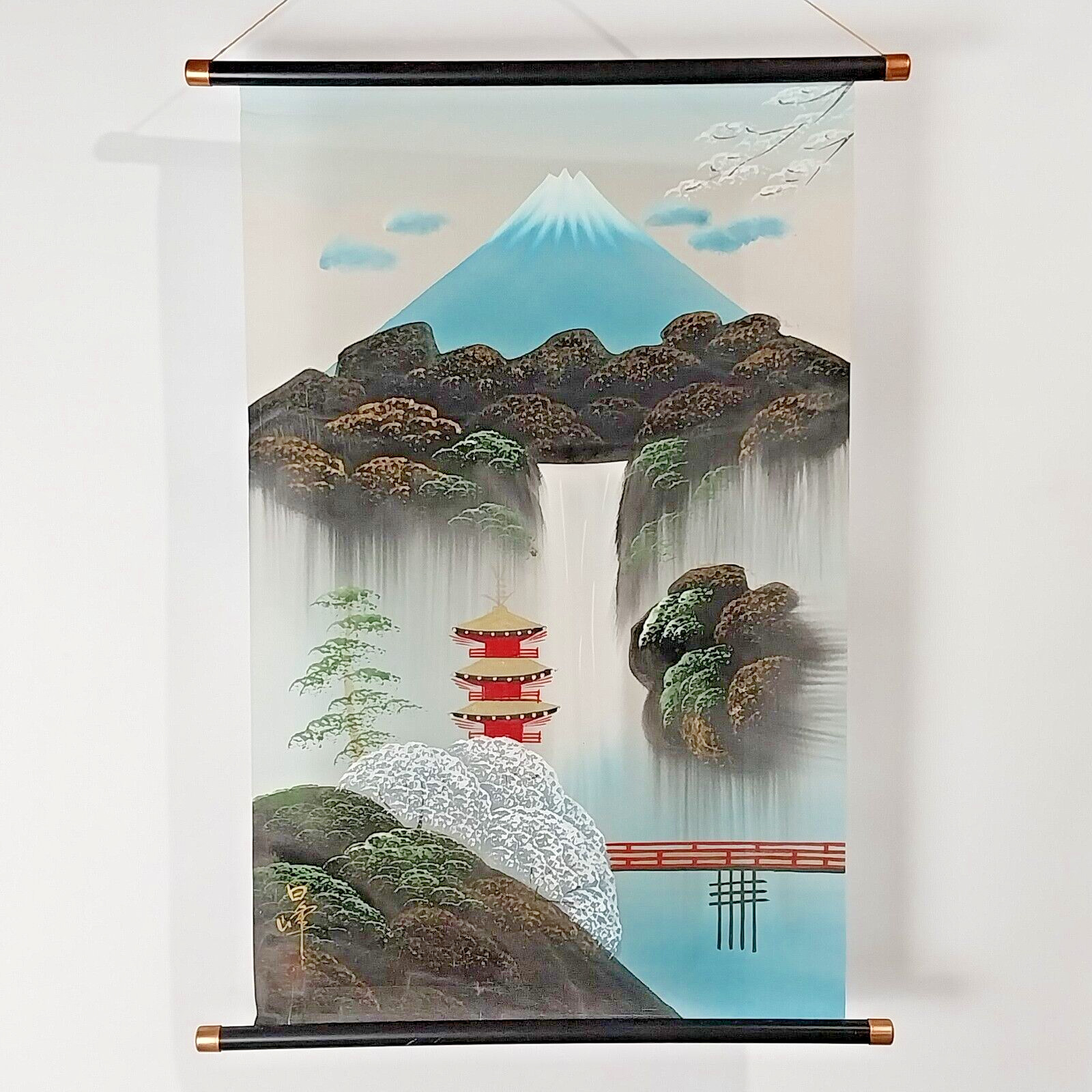 Vintage Japanese Hand Painted Silk Screen Scroll Temple Mt. Fuji Scenery Signed