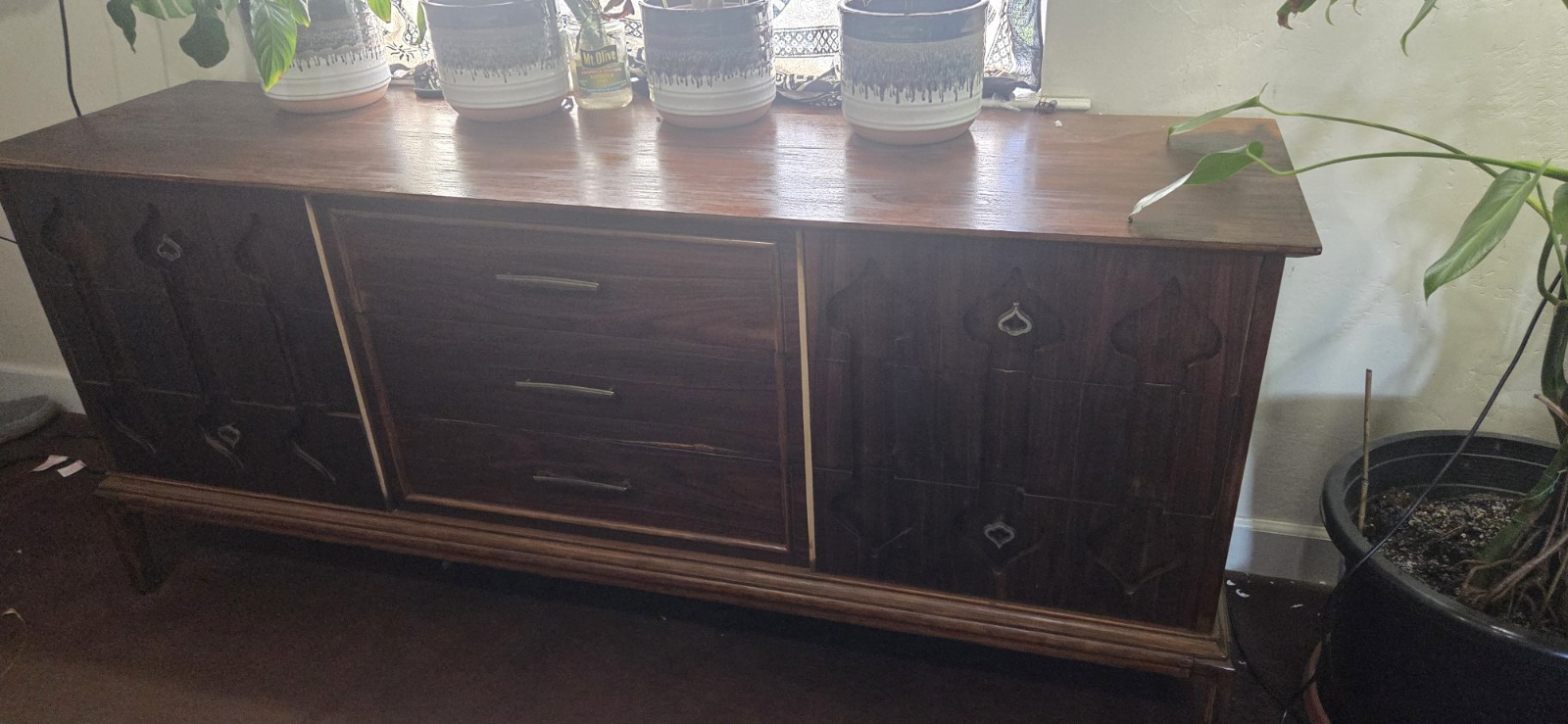 kent coffey Antique Wood Dresser Brown 3 Drawers 2 Doors 72x19x31in Handles