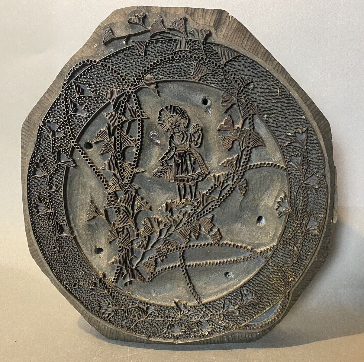 Primitive Antique Country Kitchen Wood & Metal Stamp Pattern Mold