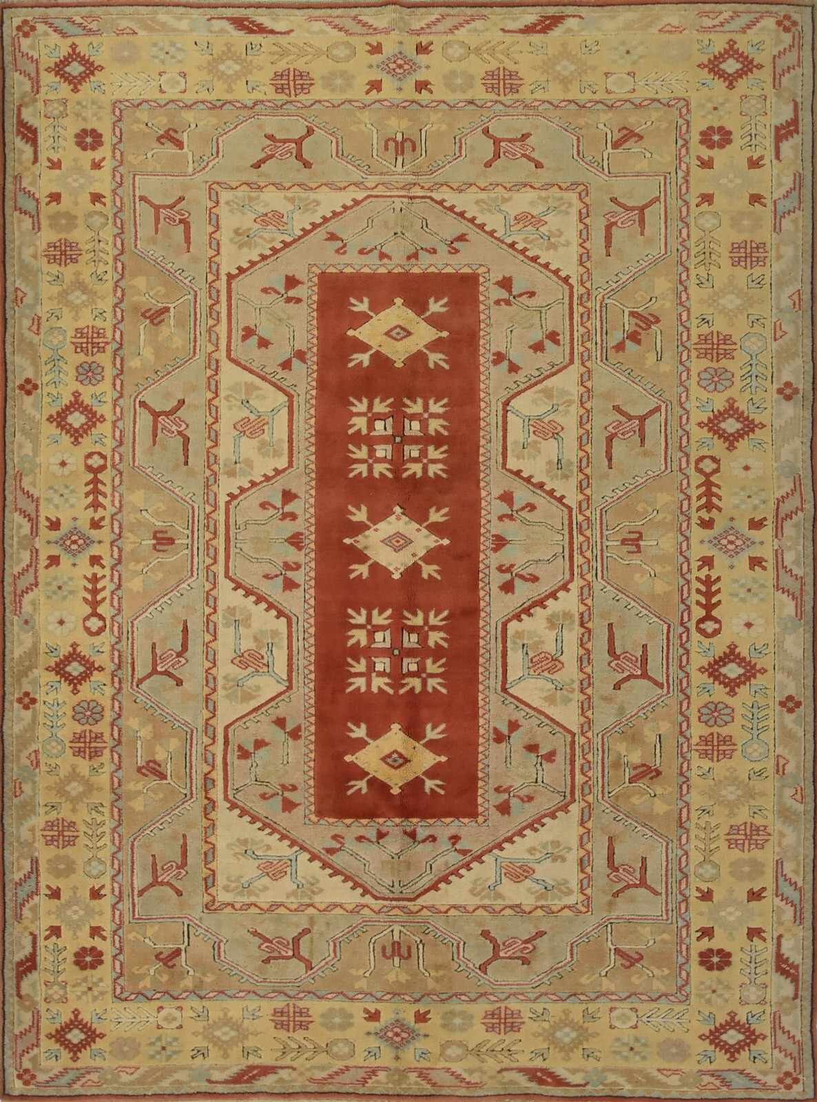 Vintage Oriental Rug 6’8” x 9’1” Red Gold Wool Traditional Hand-Knotted Carpet