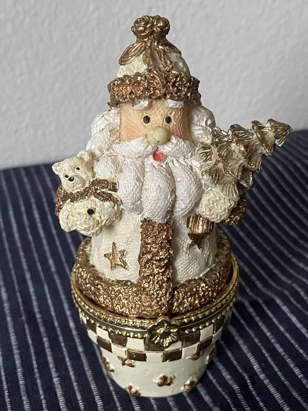 Rare Vintage Santa Claus White Robe Trinket Box Teddy Bear Tree Christmas Decor