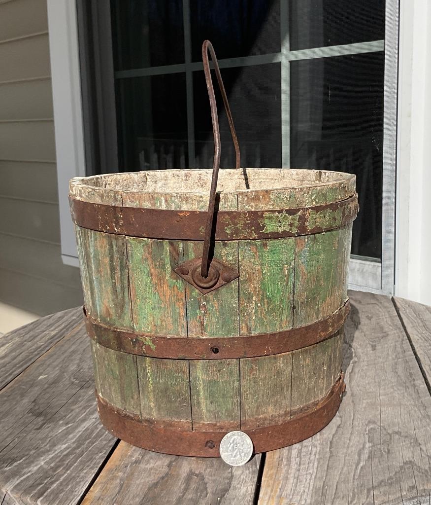 Antique Shaker Wood Stave Pail Bucket Swing Handle Old Green Chippy Paint 7.75″H
