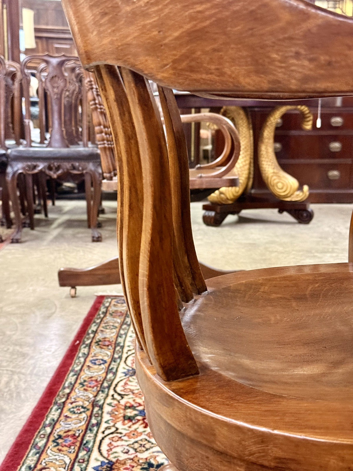Antique American Solid Oak Swivel Desk Chair Barrel Back Rolling Base Circa 1900