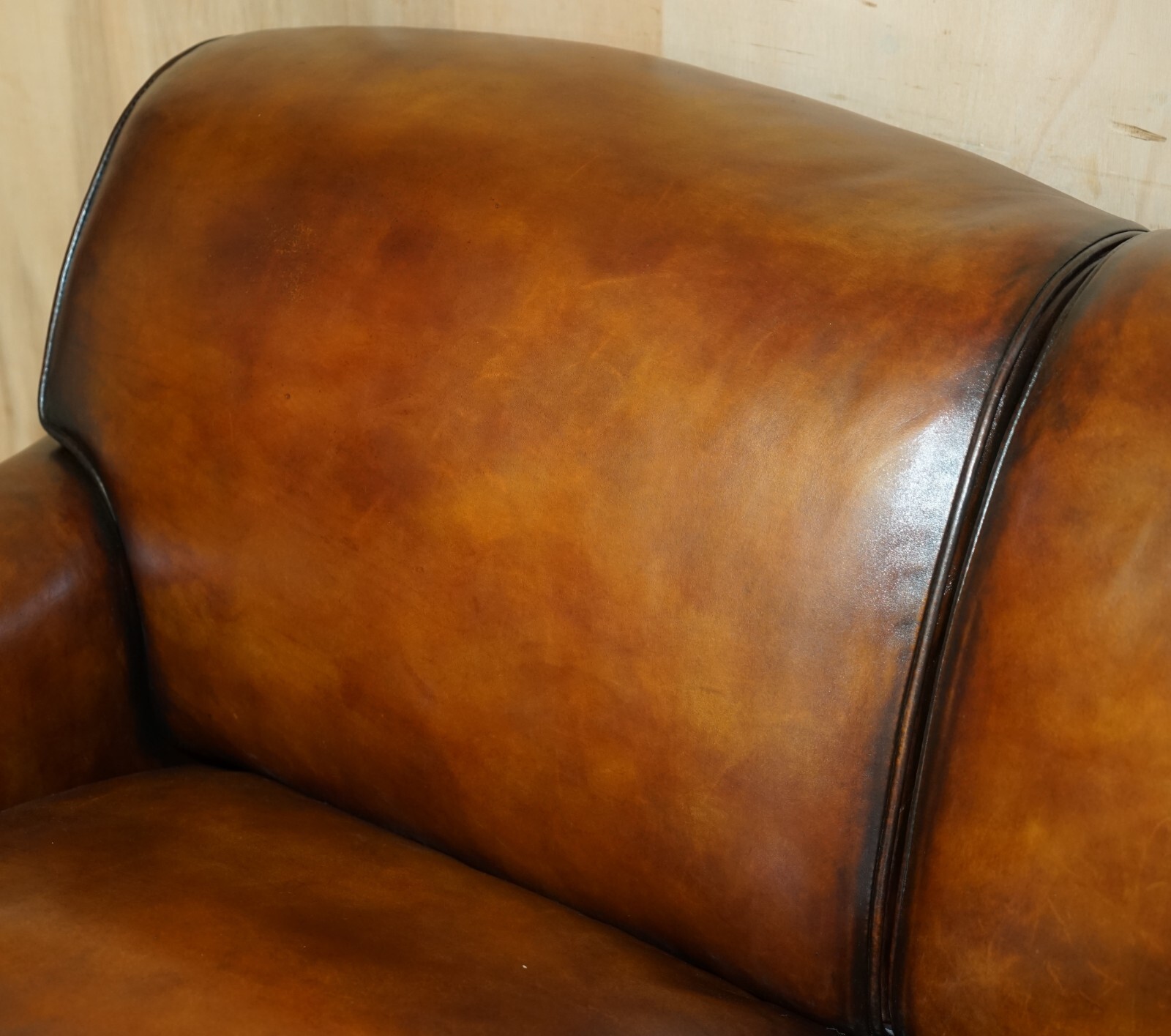 1 OF 2 LARGE GEORGE SMITH HOWARD & SON’S BROWN LEATHER SIGNATURE SCROLL ARM SOFA