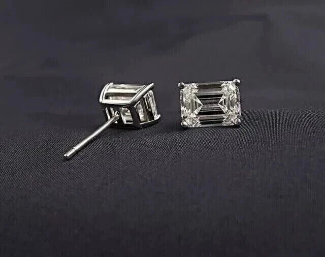 4Ct Emerald Cut Lab Created Diamond Women’s Stud Earrings 14K White Gold Plated