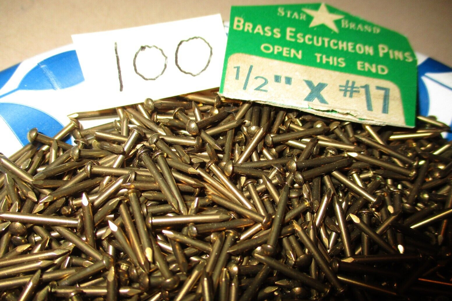 100–VINTAGE NOS, 1/2″ X #17, SOLID BRASS, ROUND DOME HEAD ESCUTCHEON PINS-NAILS