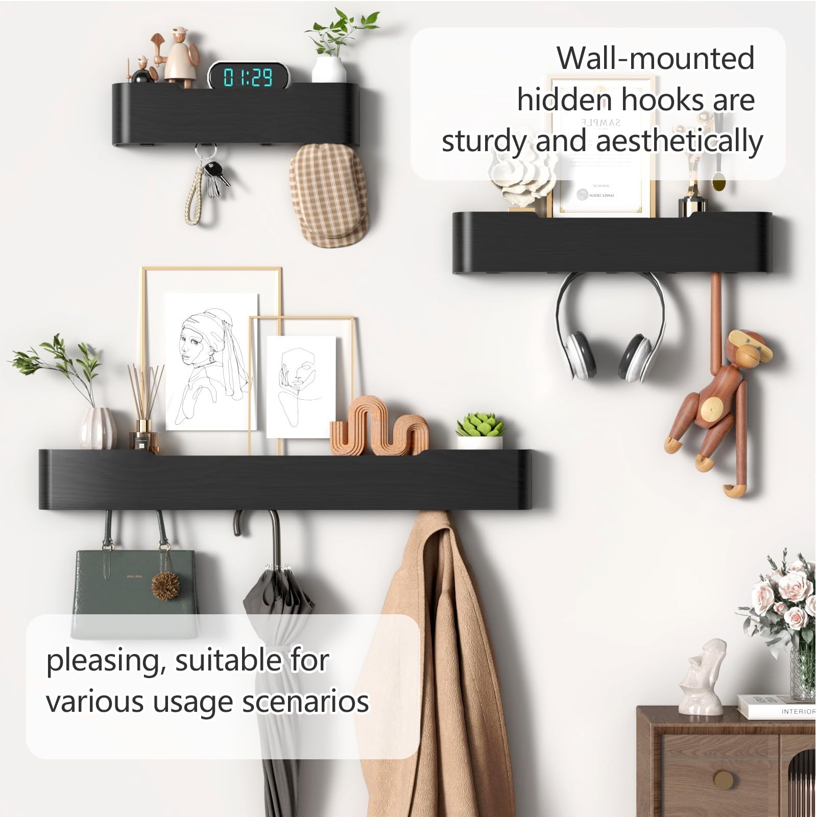 Coat Rack Wall Mount with Shelf 5 Hidden Hooks Modern Wooden Key Holder Entry…