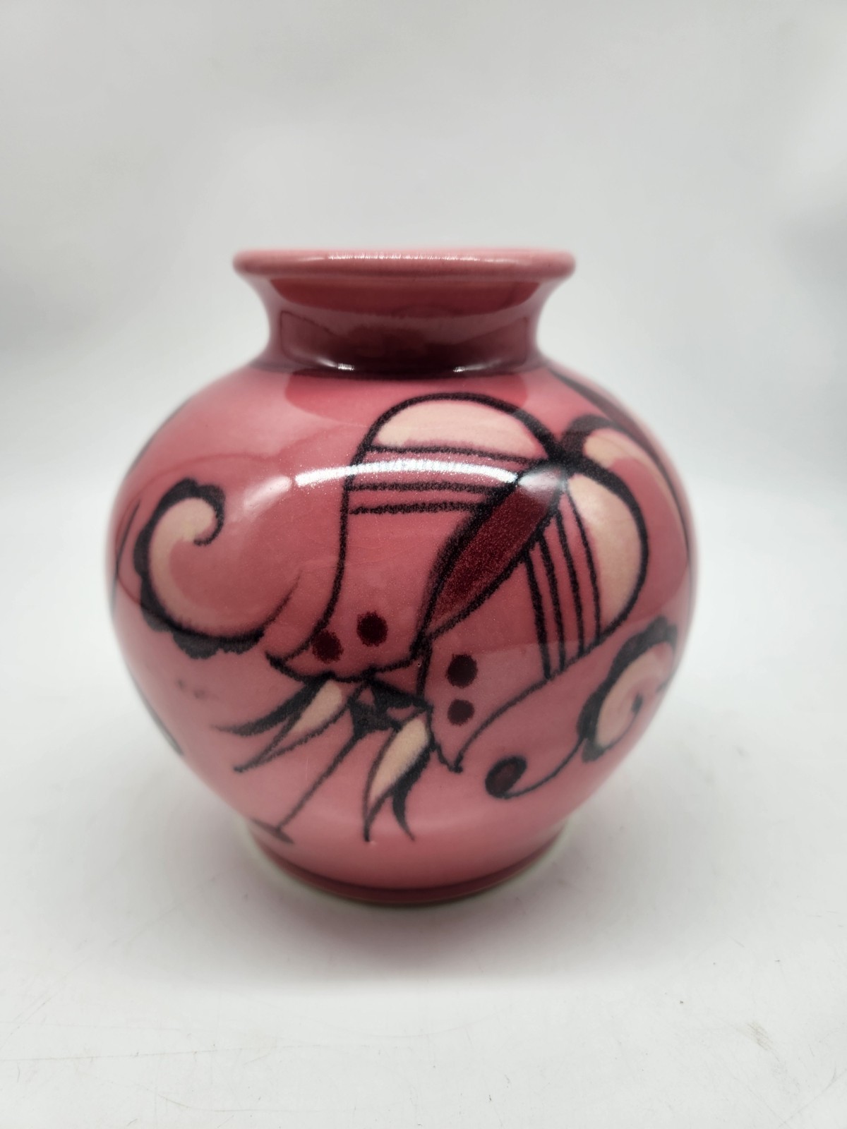 Signed Japanese Pink Art Pottery Vase 6″ X 5.5″ T17