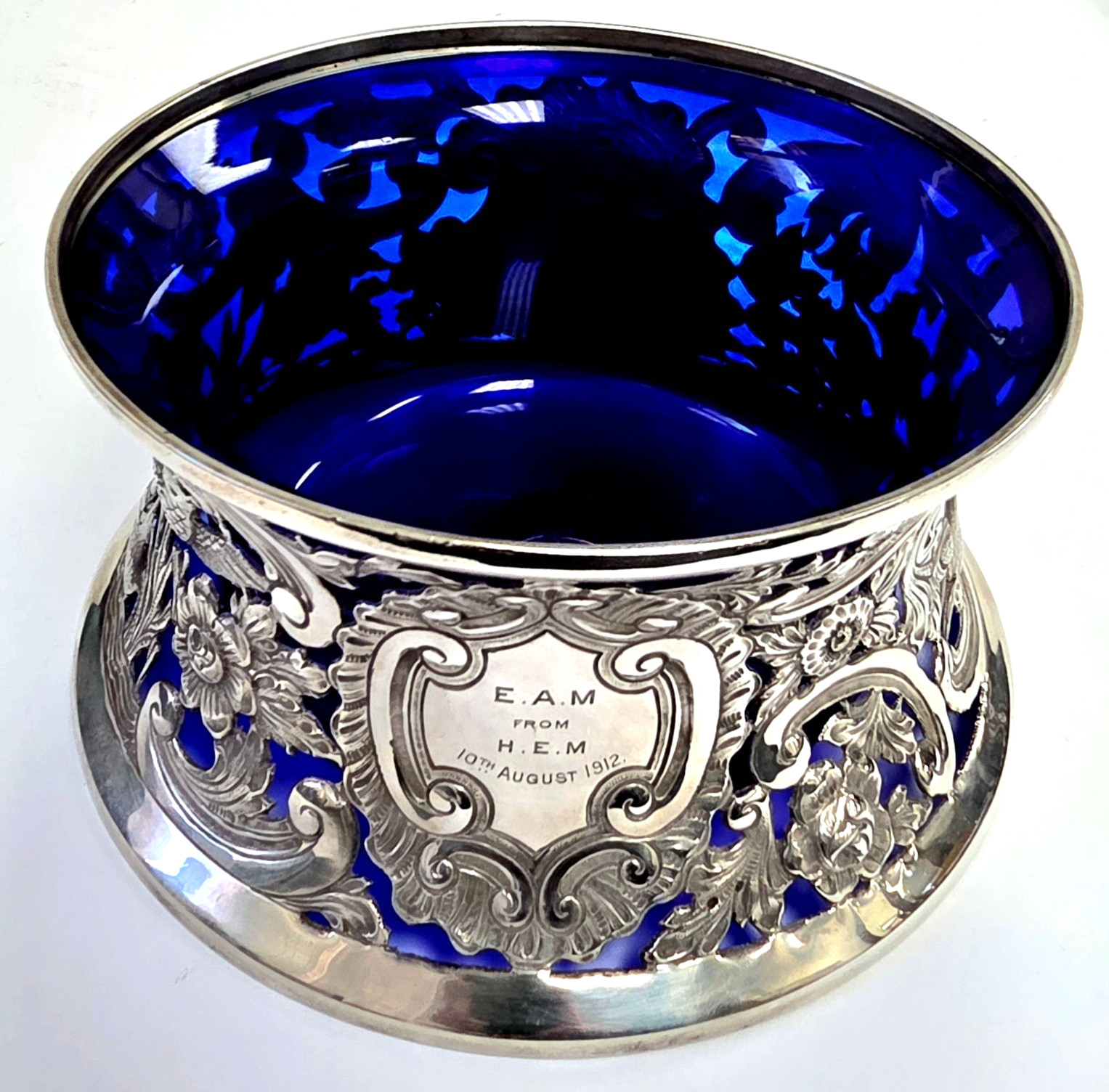 Antique English Sterling Silver & Cobalt Blue Glass Serving Bowl Mono
