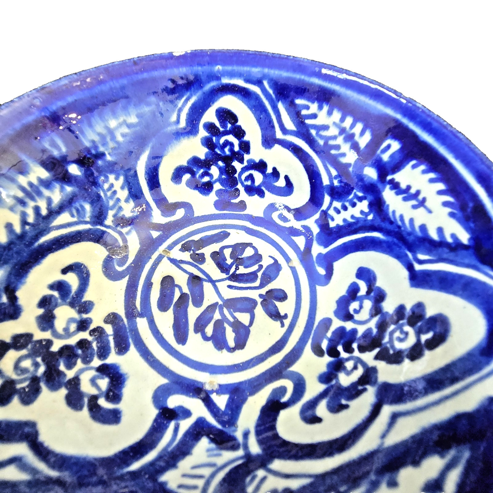 Antique Moorish Islamic Persian Cobalt Blue White Pottery Bowl 7.25″W X 3″H