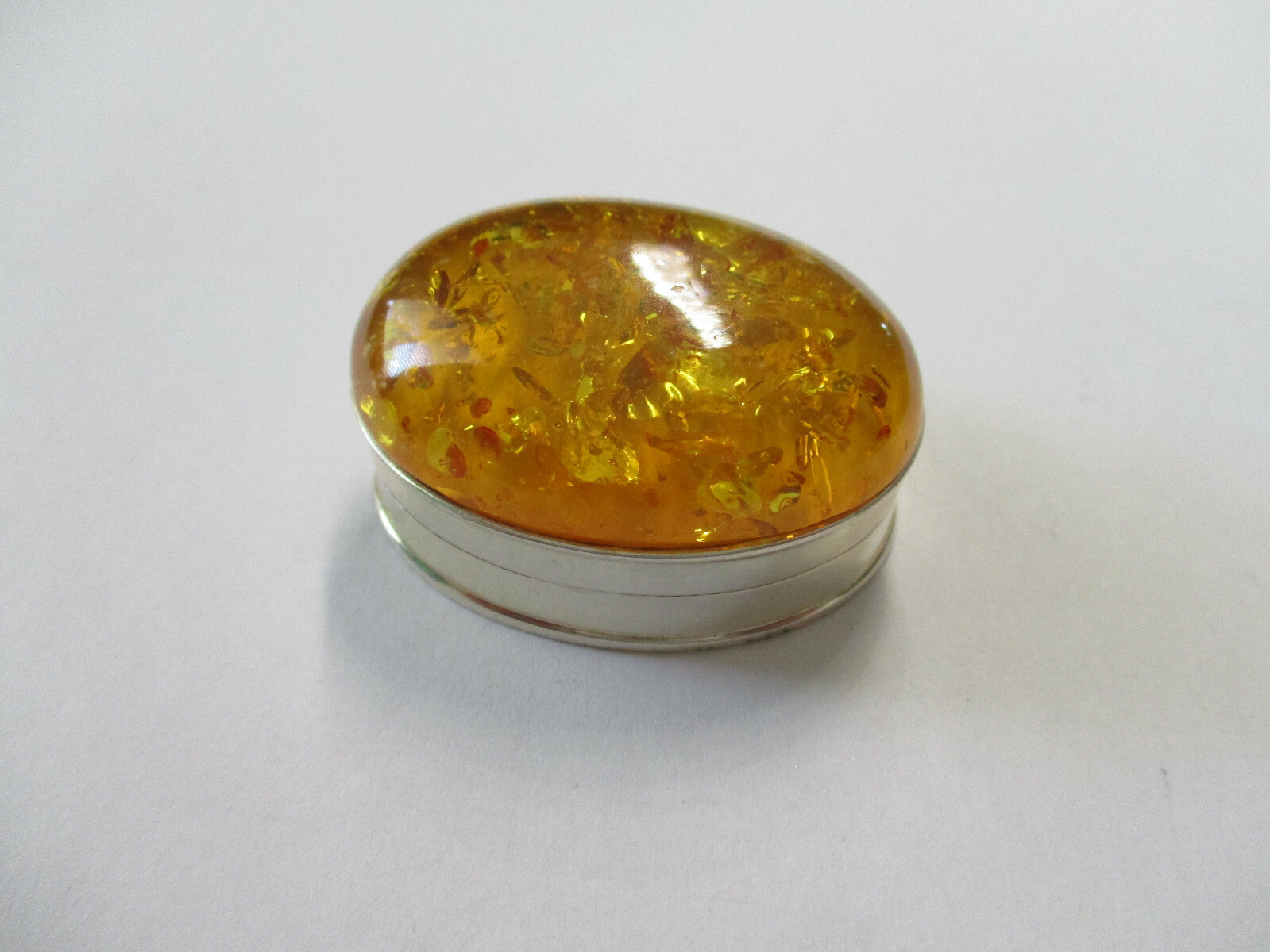 Sterling silver pill box yellow Umber Resin on top solid 925 silver oval shape