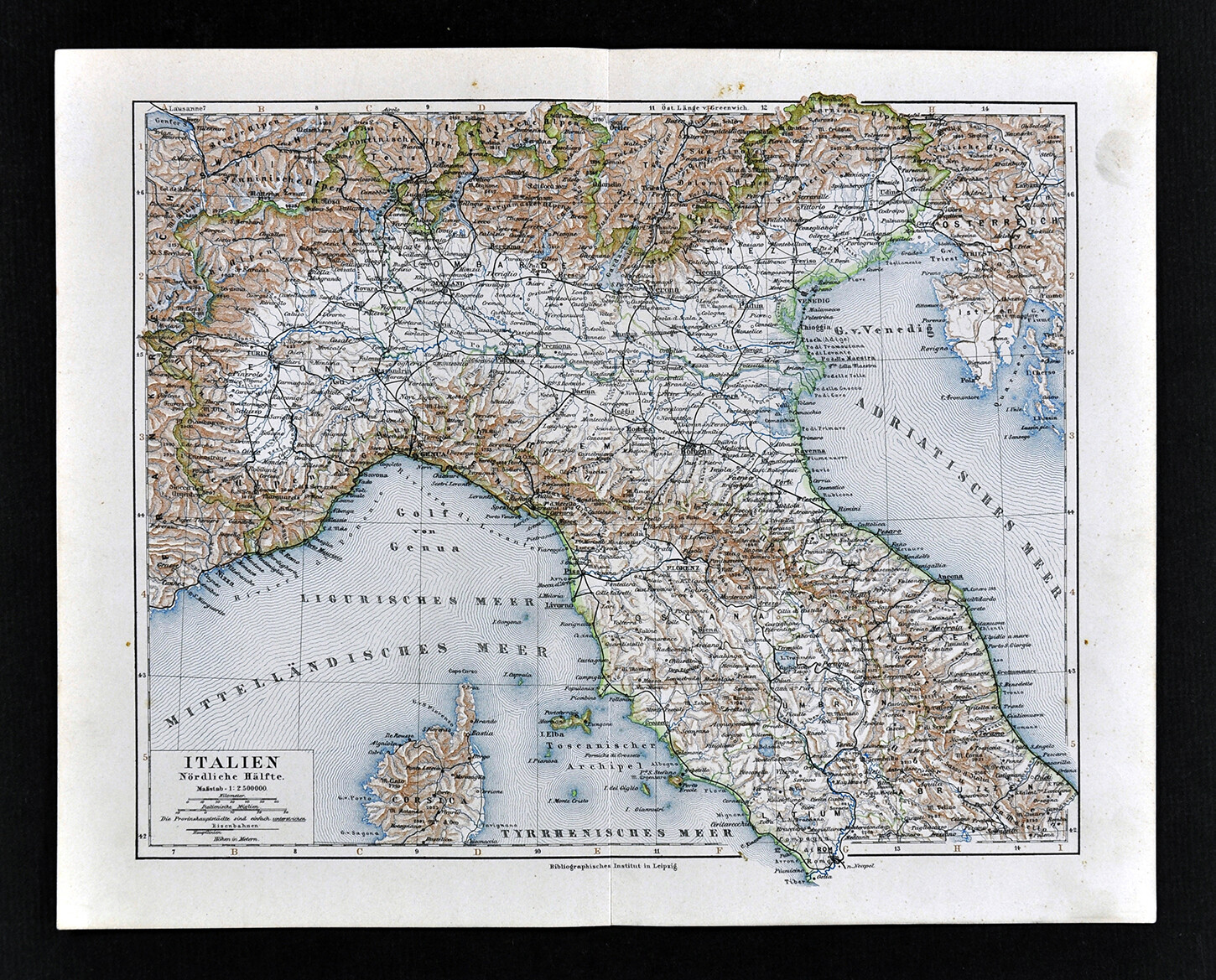1900 Meyers Map North Italy Rome Florence Venice Milan Pisa Genoa Verona Alps