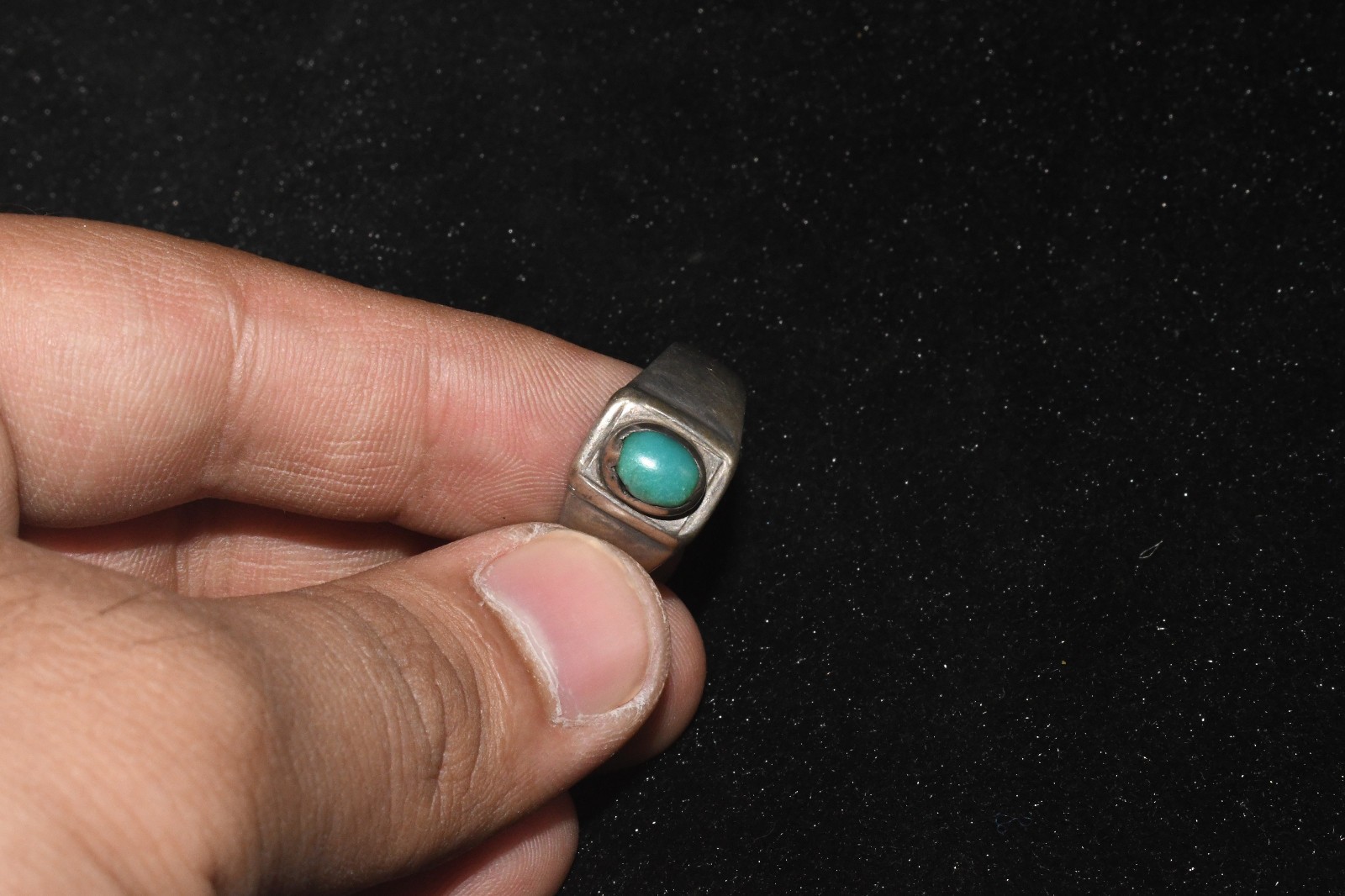 Antique Old Near Eastern Solid Silver Ring with Natural Turquoise Stone Bezel