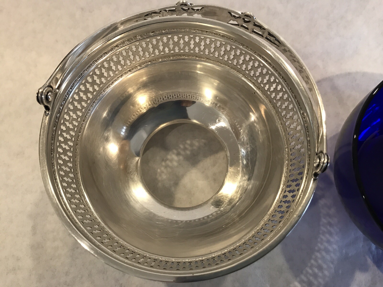 wallace Sterling Silver Reticulated Sugar Basket Cobalt Blue Glass Insert A404
