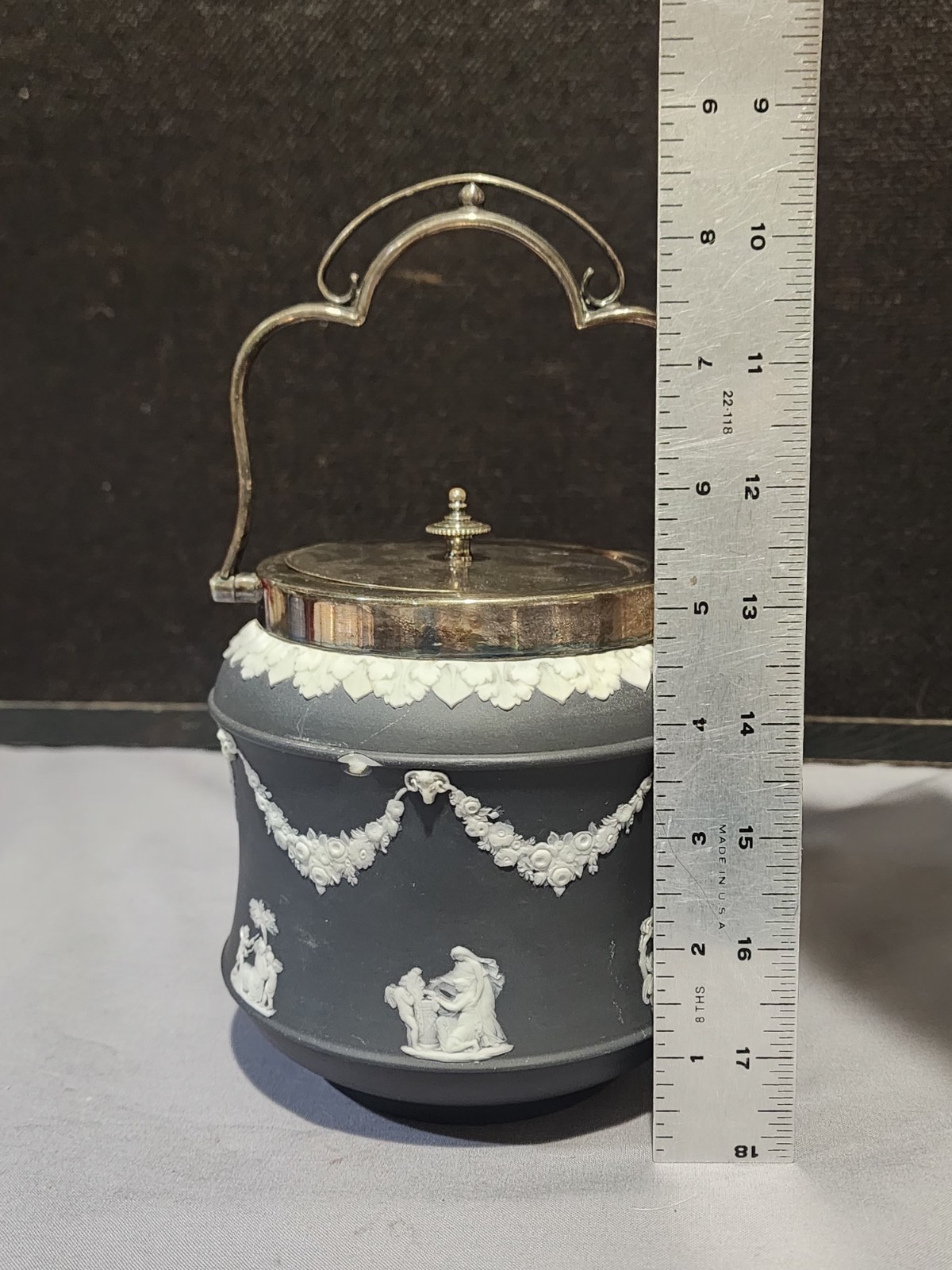Antique Wedgwood Black Jasperware Rare Corset Shape Biscuit Jar Silverplate Lid