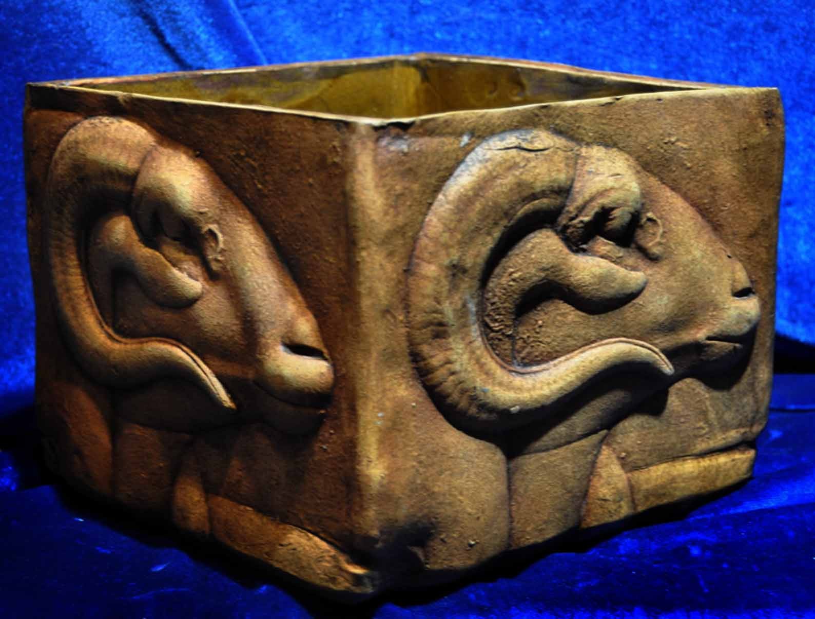 EGYPTIAN RAM HORNED BUST RELIEF FACE TERRA COTTA PLANTER SIGNED COPY OF MMA HEAD
