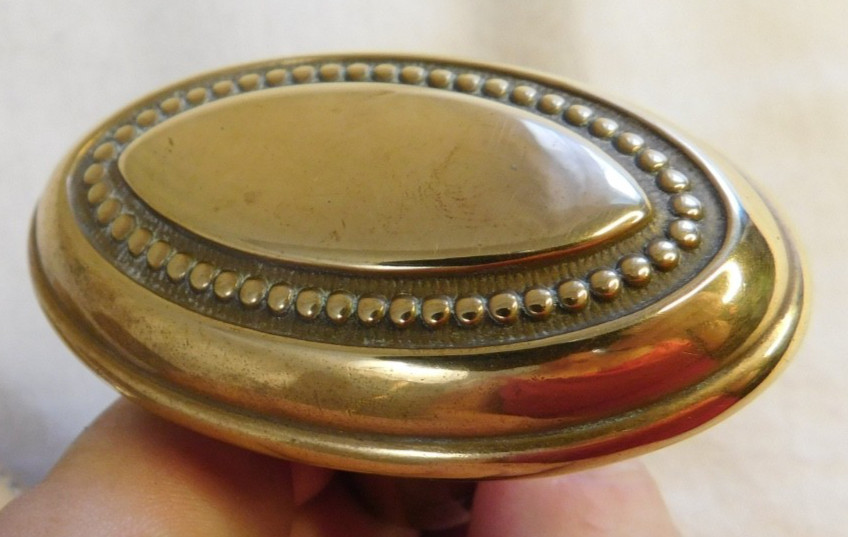2 Antique Solid Brass Victorian Oval GOLD CLAD Door Knobs 1900’s Art Noveau