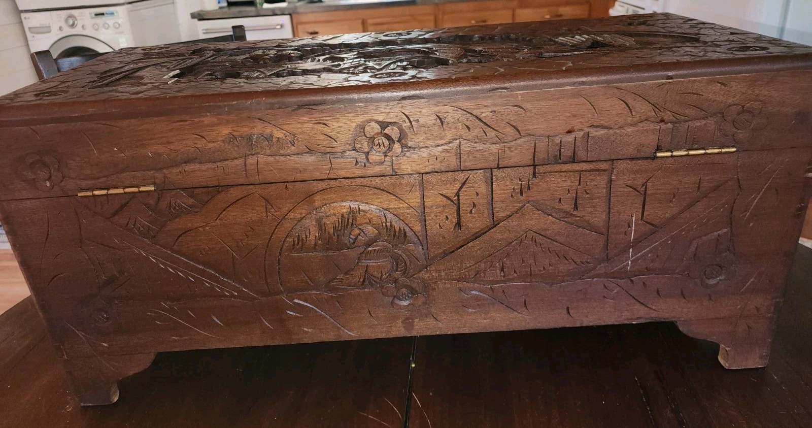 Vintage Hand Carved Camphor Wood Chest Trunk Asian Chinese Brass