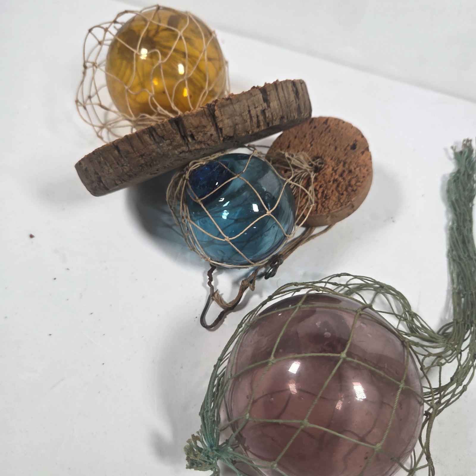 3 Vintage Korean Glass Fishing Floats w/ Cork Buoys & Netting Nautical Maritime