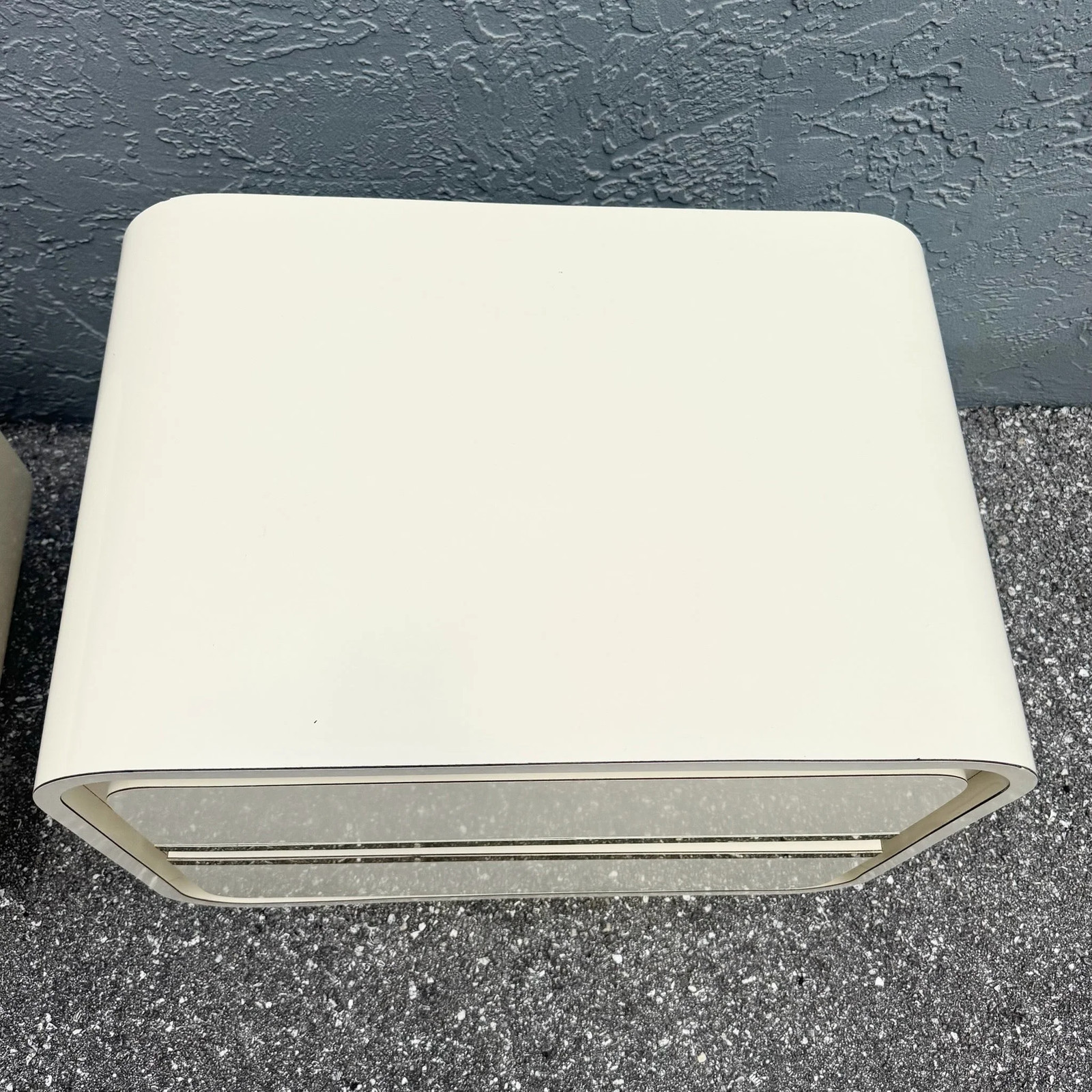 Postmodern Cream Gloss Laminate Waterfall Nightstands With Gold Accents – A Pai