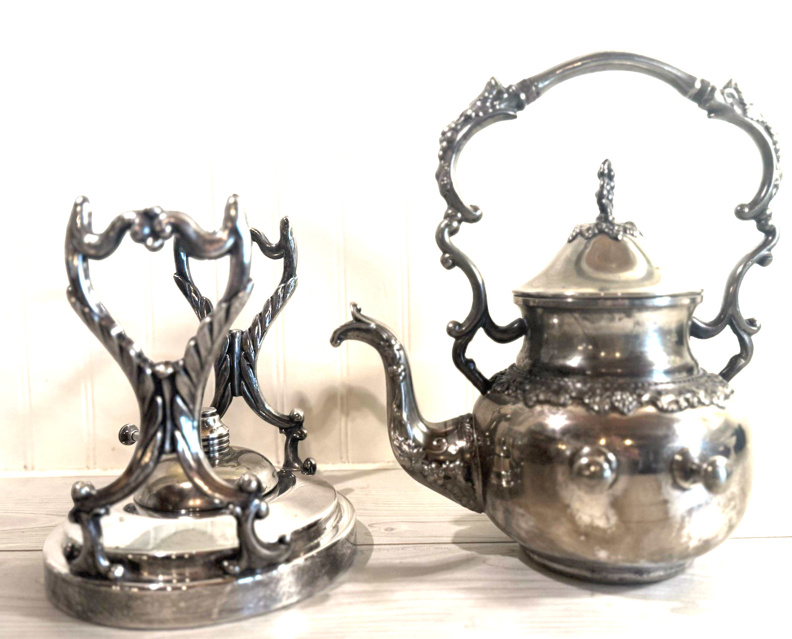 Antique Victorian Birmingham Silver On Copper Tilting Teapot & Warming Stand BSC