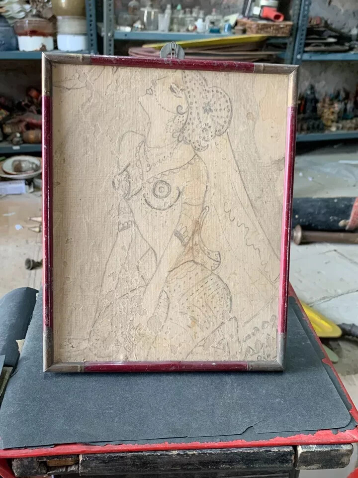 1950’s Vintage Old Handmade Pencil Sketch Art Of Indian Women Wooden Framed