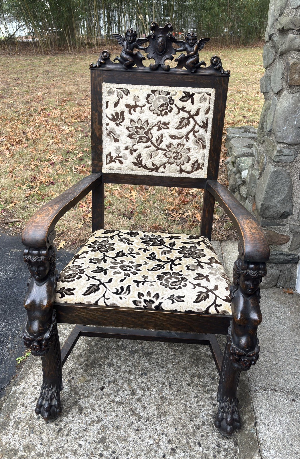 R. J. HORNER OAK CARVED MAIDEN ARM CHAIR
