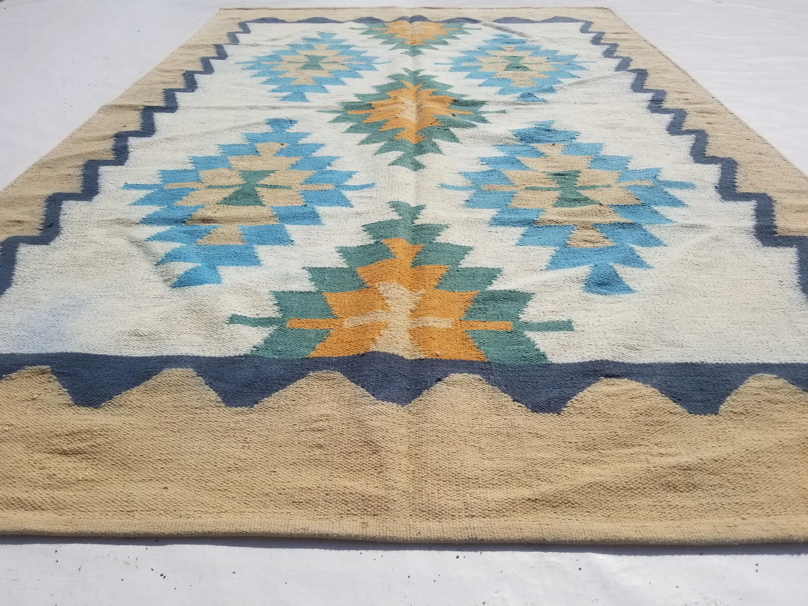 Distressed Vintage Handmade Traditional Geometric Multicolor Kilim Rug 6.8×4.3ft