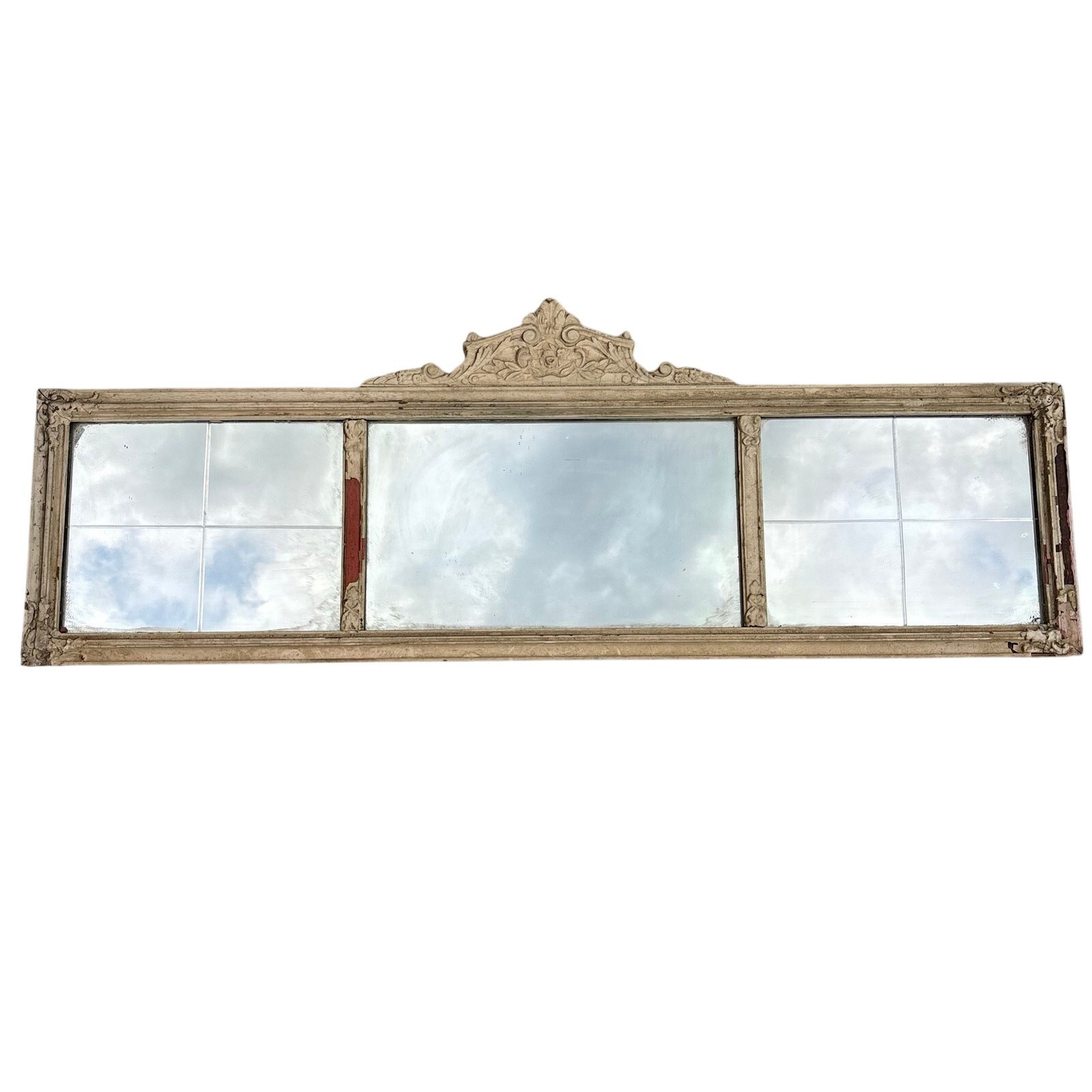 Antique 3 Panel Etched Glass Buffet Foxed Mirror Ornate Wood Gesso Frame 51×18”