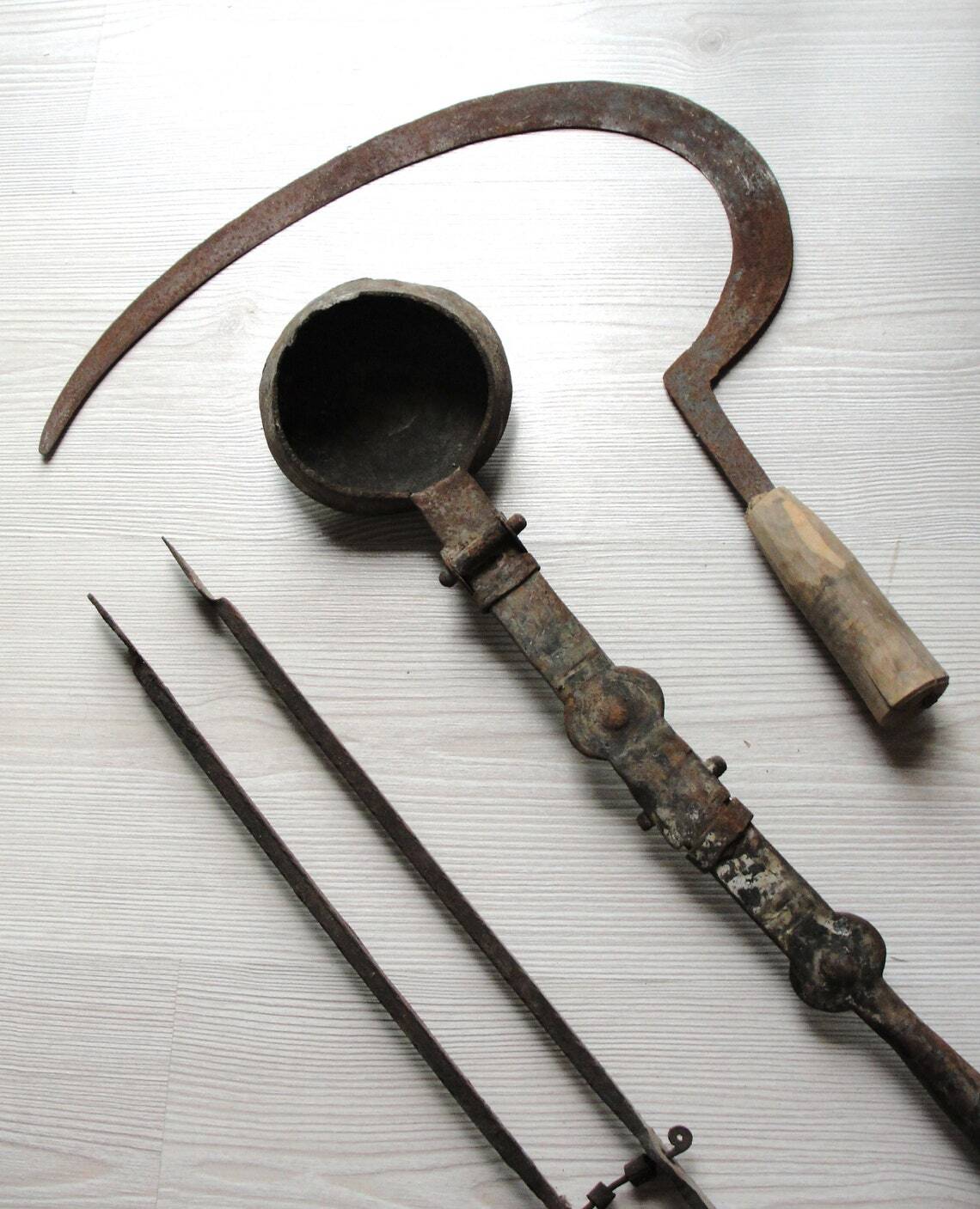 Vintage Handmade Primitive Tools, Tongs, Scythe, Coffee roasting laddle.