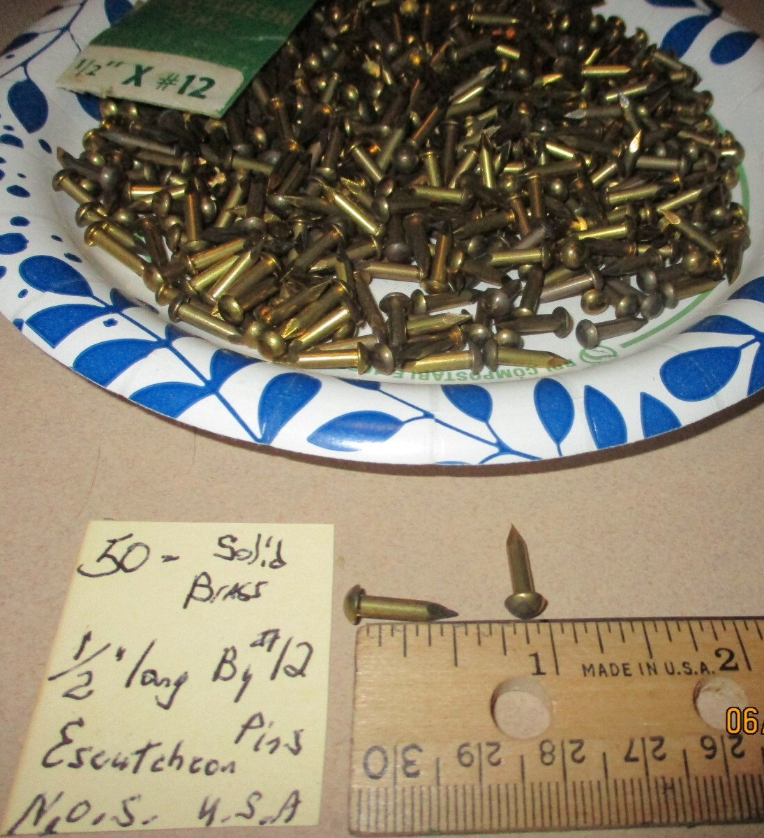 50 NICE VINTAGE 1/2″ X #12, SOLID BRASS ESCUTCHEON PINS NAILS, ROUND DOME HEADS