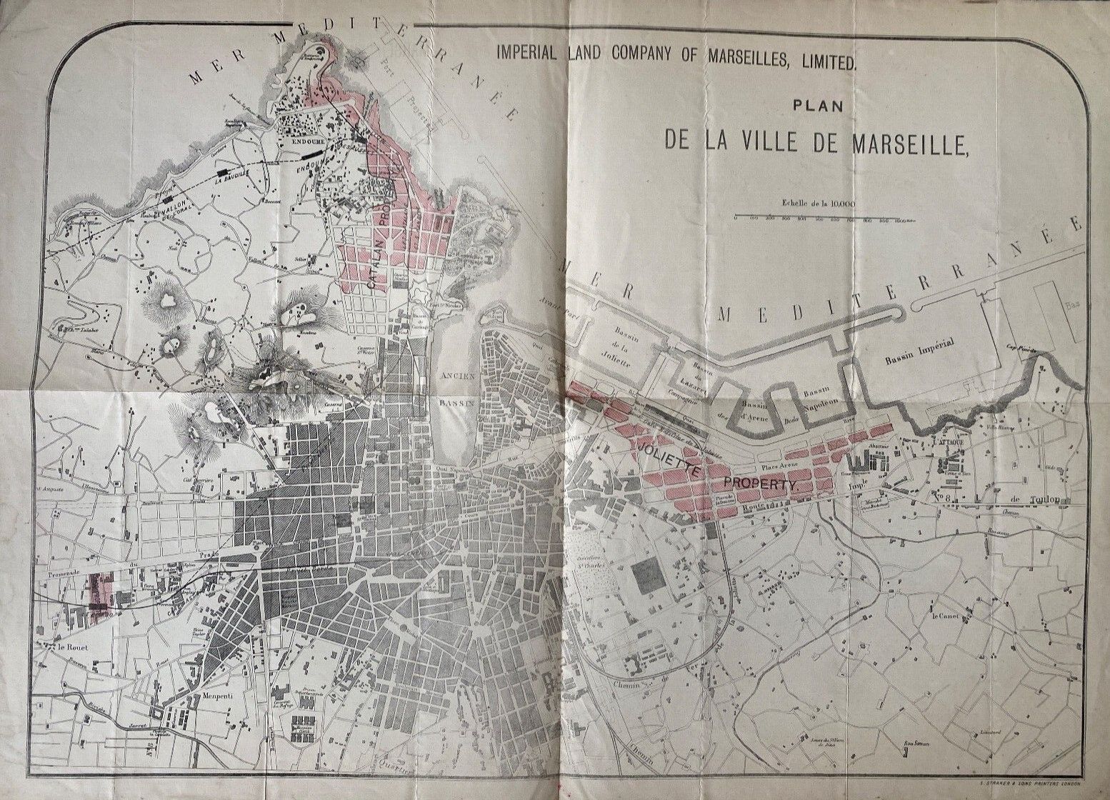 1875 Antique Print; Plan de la Ville de Marseille, France. Imperial Land Company