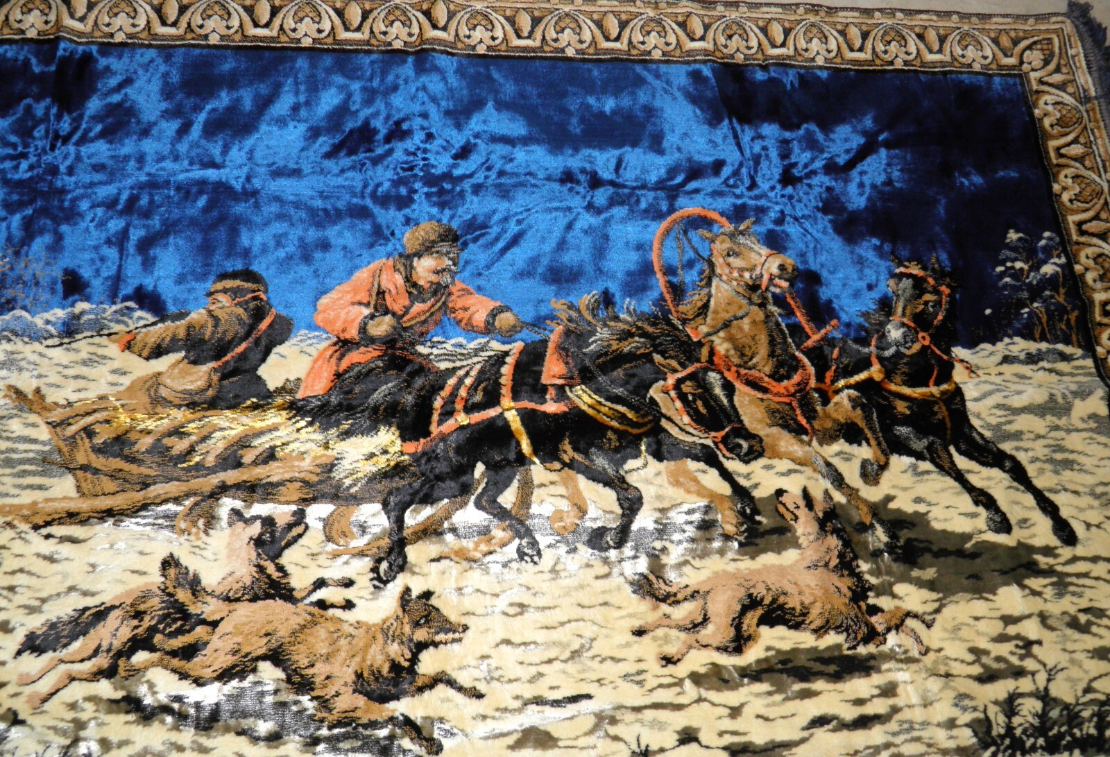 Rus’ Snow Scene Trapper, Wolf Chase, Plush Wool-Silk Velour/Velvet VTG Tapestry