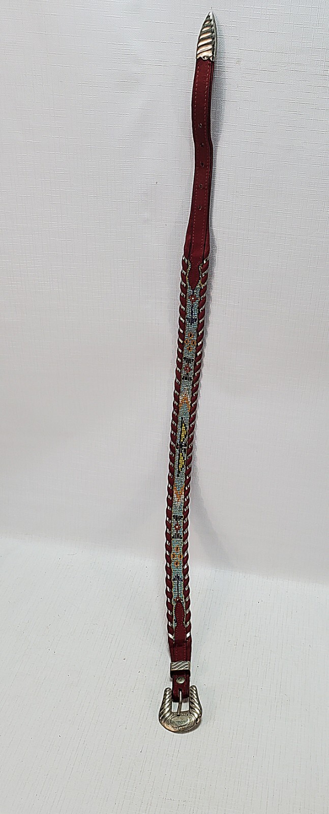 34+” Native American Beaded Red Leather Belt AL BERES Wages German Silver Buckle