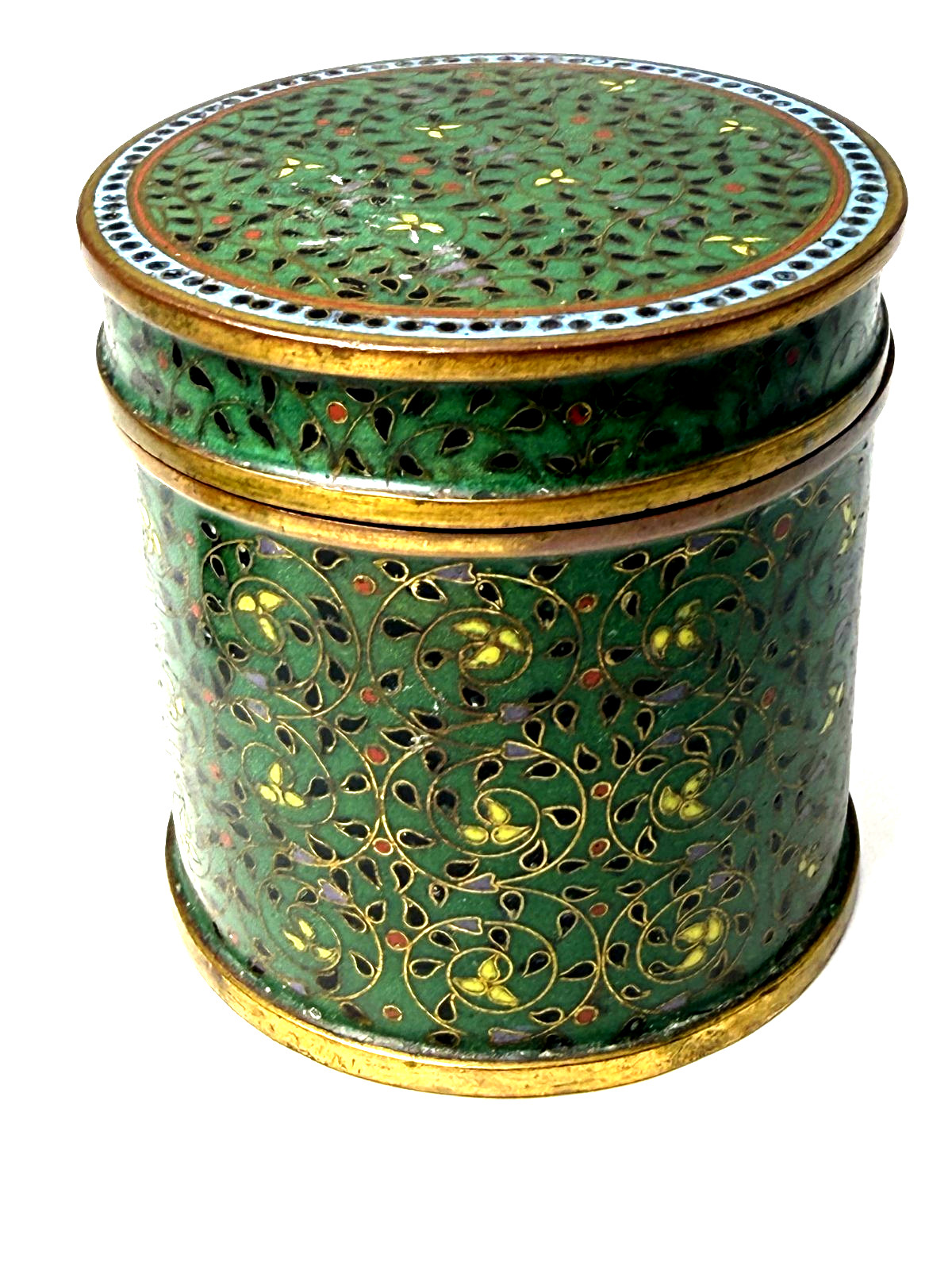 Exquisite Antique Chinese Gilt Cloisonne Covered Round Box Decorated 19/20c