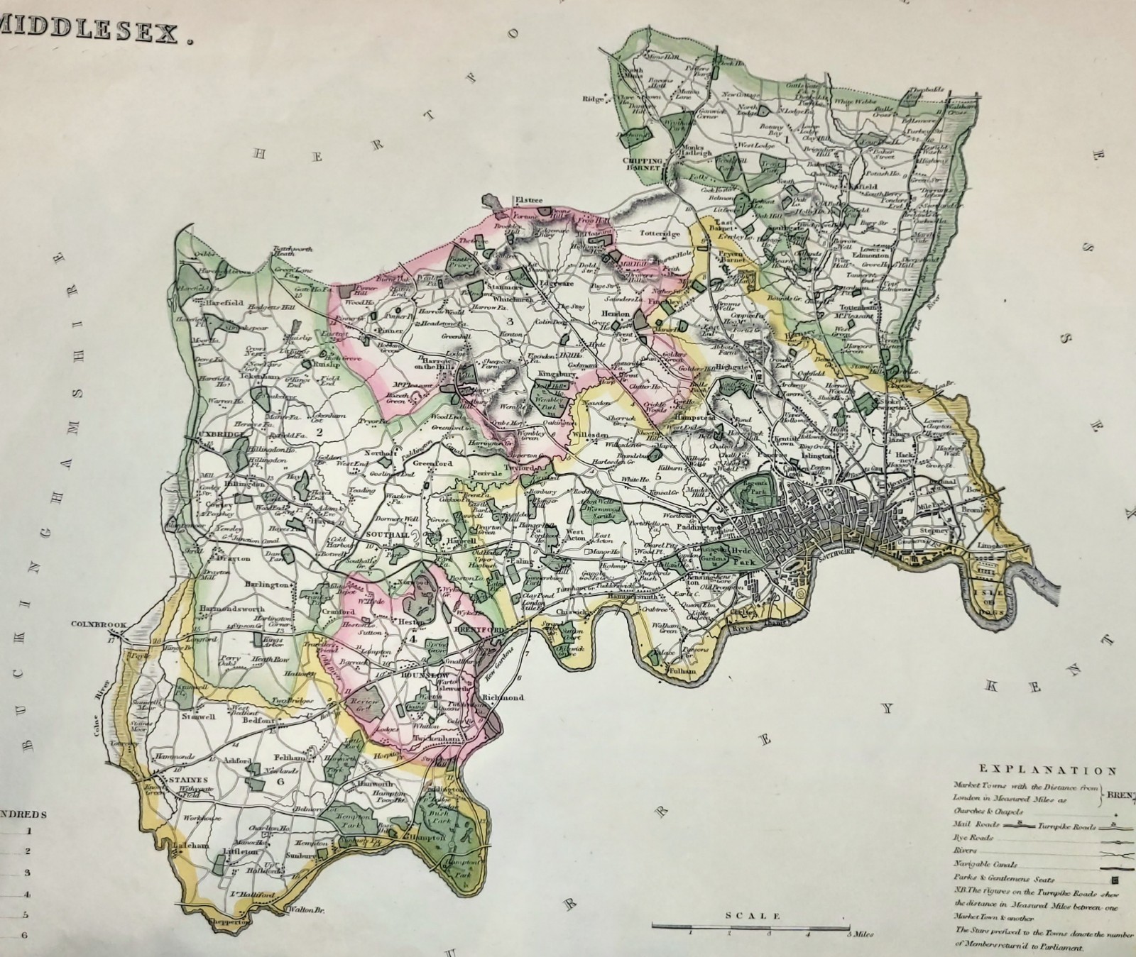 1830 Middlesex Antique Map. Original Outline Colour: TL Murray ‘An Atlas Of….’