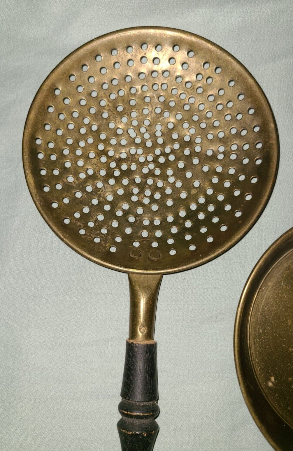 Antique country primitive set – brass egg poacher, pan, strainer w wood handles