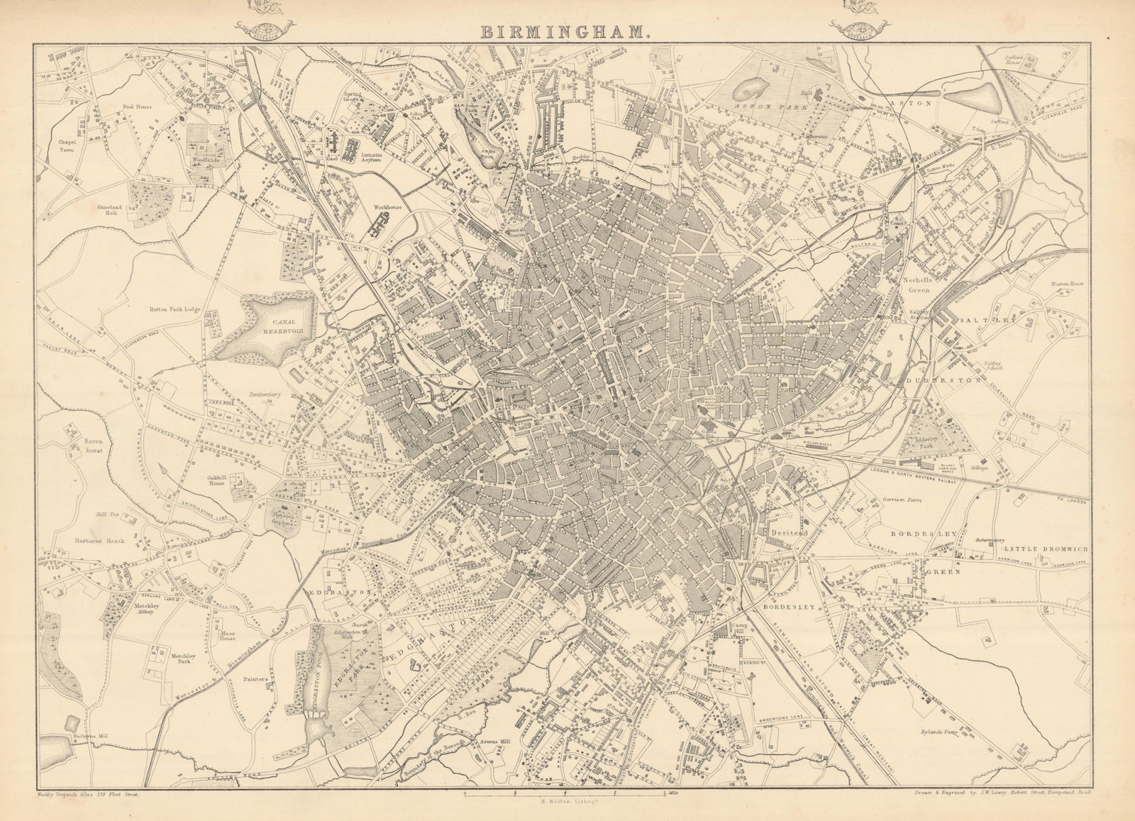 BIRMINGHAM. Large town/city plan by JW LOWRY for the Dispatch Atlas 1863 map