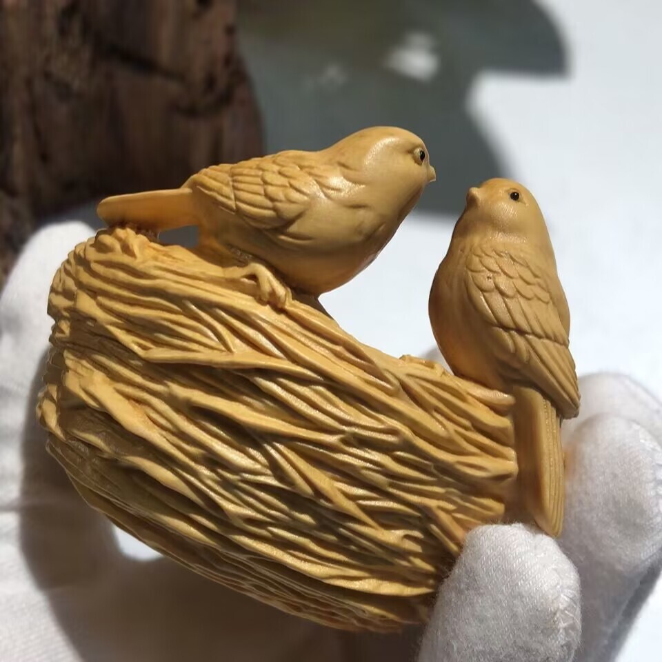 3.1″ Chinese Boxwood Wood Hand Carving Bird’s nest Statue黄杨木.鸟窝