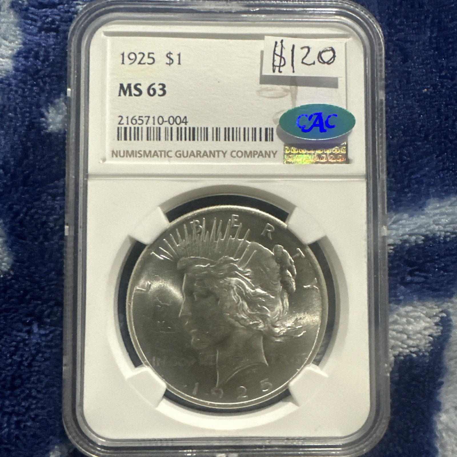 1925-P Silver Peace Dollar Coin, CAC Sticker MS63 Grade, Highly Collectible