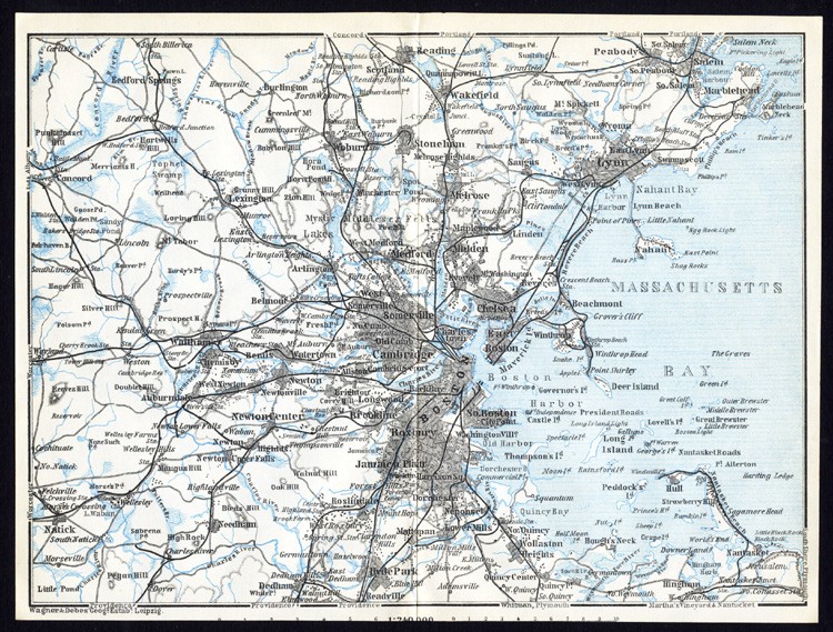Antique Map-BOSTON-CAMBRIDGE-MASSACHUSETTS-USA-Karl Baedeker-Wagner & Debes-1909