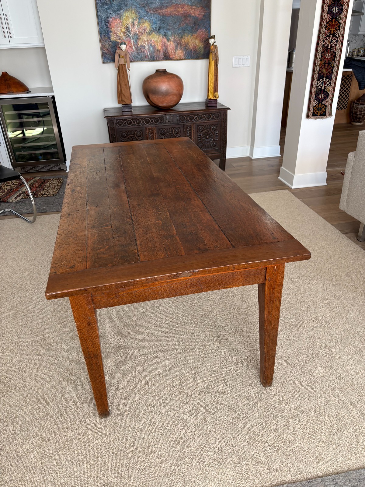 19th Century oak French farm table, drawer, pullout bread board, excellent cond.