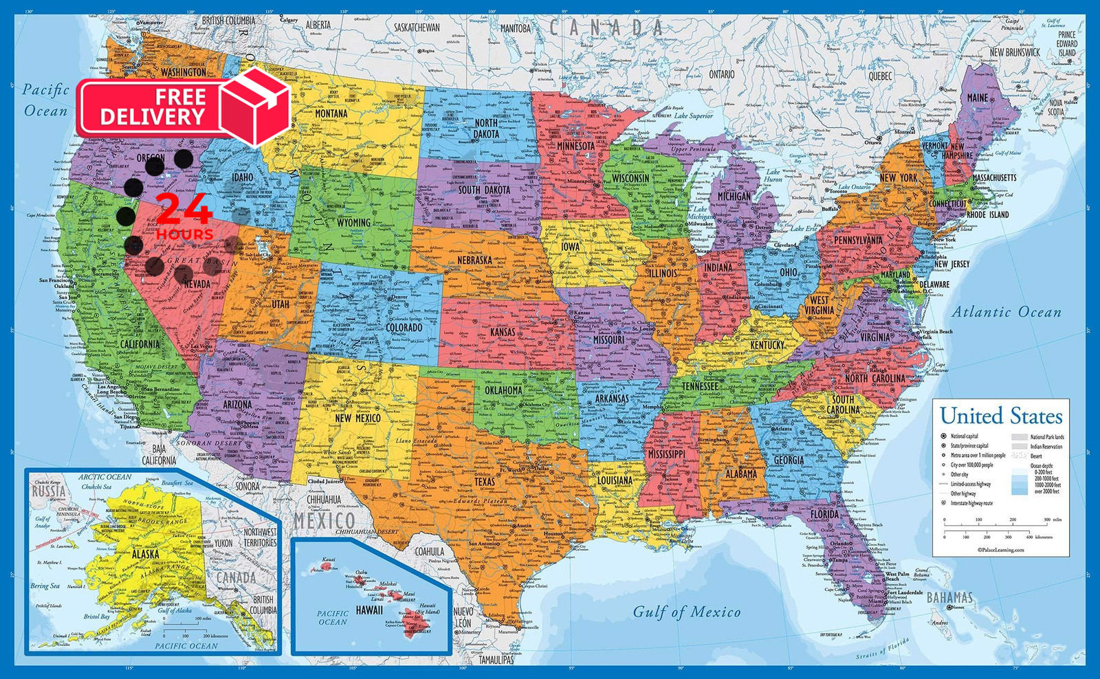Laminated World Map & US Poster Set – 18″ x 29″ – x 29″, LAMINATED