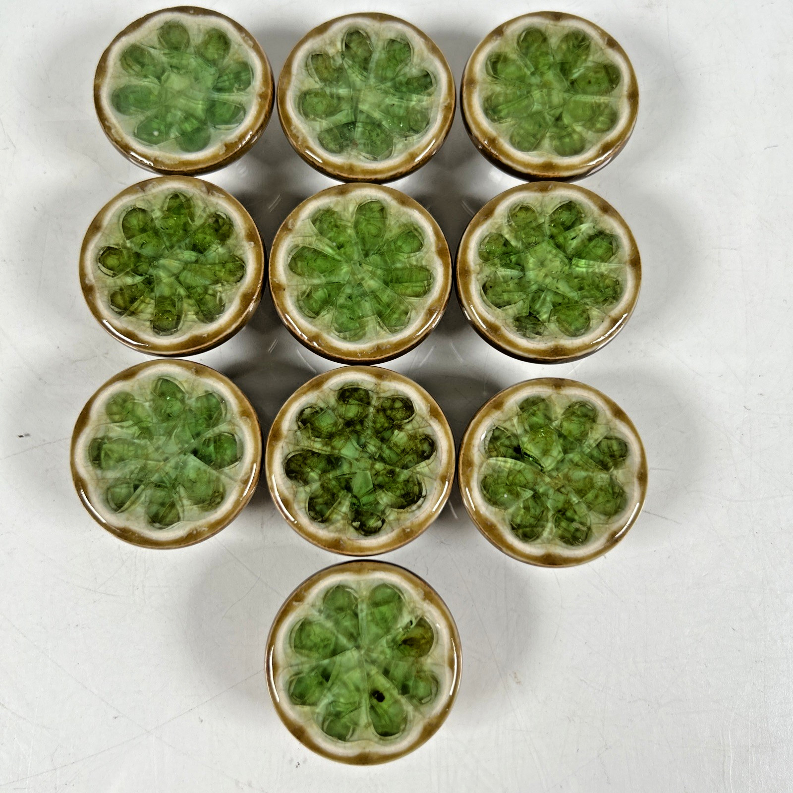 10 VTG Lime Slice Porcelain & Crushed Green Glass Drawer pulls, Brass Backplate