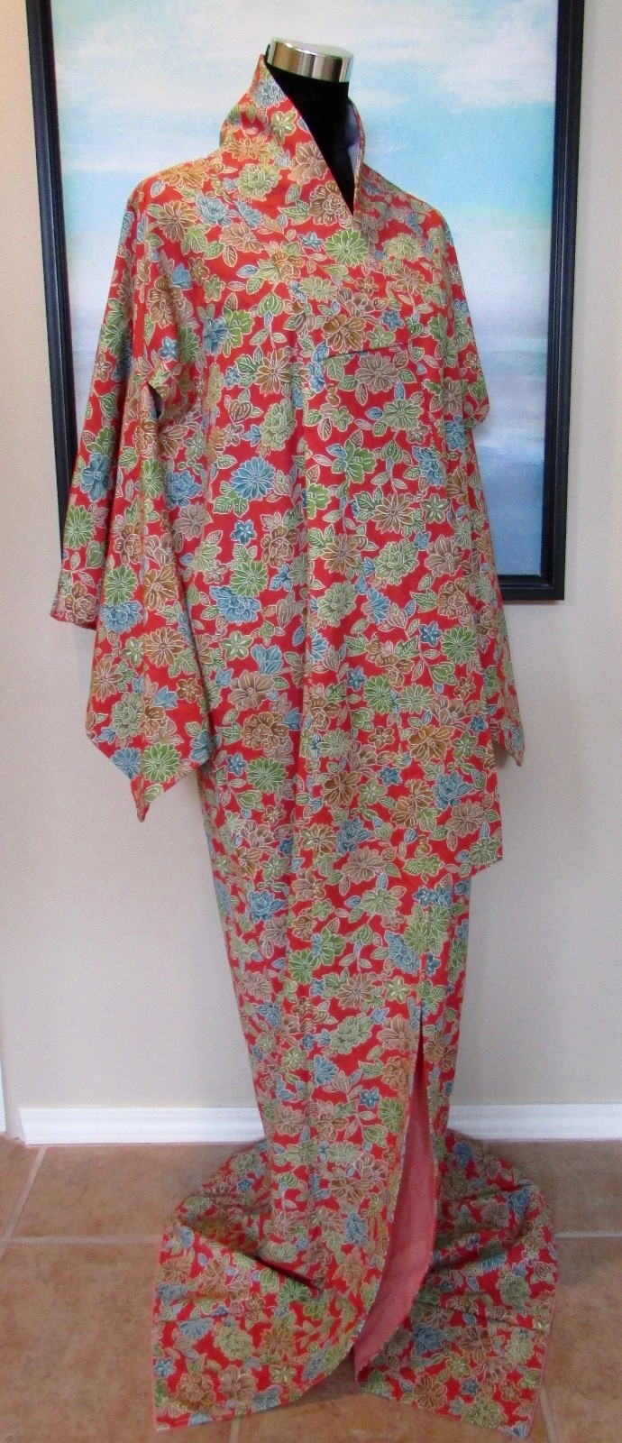 VTG Japanese Silk Kimono Full Length Orange Floral Sz M/L