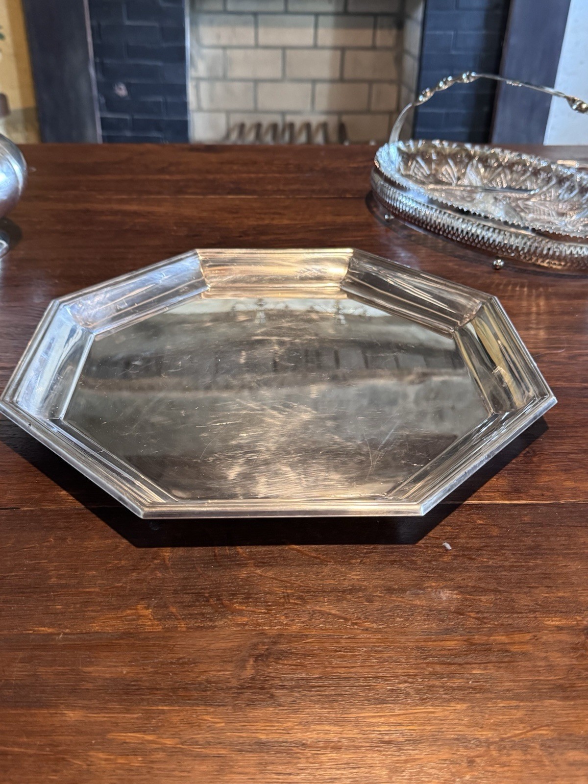 Silverplate Octagonal Serving Tray Butler Tray 13.5” Vintage Tea Coffee Tray